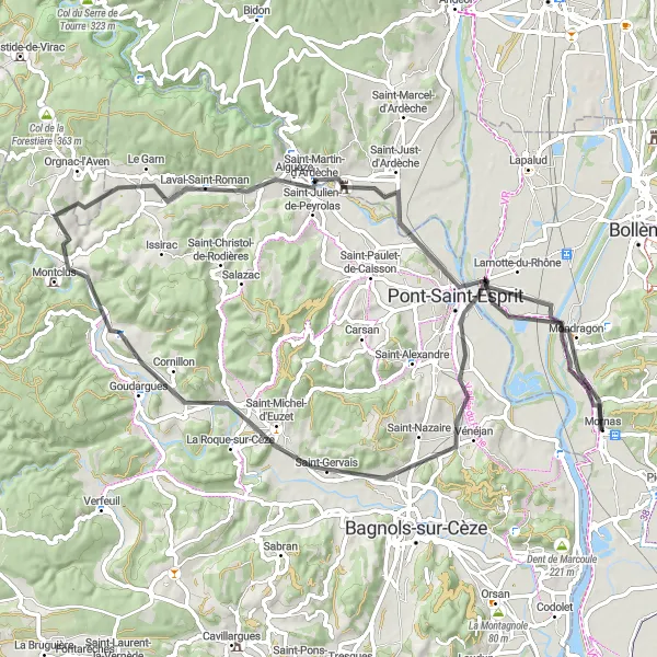 Kartminiatyr av "Mornas till Saint-Martin-d'Ardèche" cykelinspiration i Provence-Alpes-Côte d’Azur, France. Genererad av Tarmacs.app cykelruttplanerare
