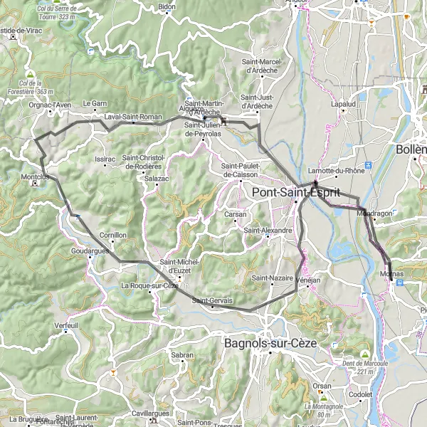 Miniatuurkaart van de fietsinspiratie "Verken Mornas en Saint-Martin-d'Ardèche" in Provence-Alpes-Côte d’Azur, France. Gemaakt door de Tarmacs.app fietsrouteplanner