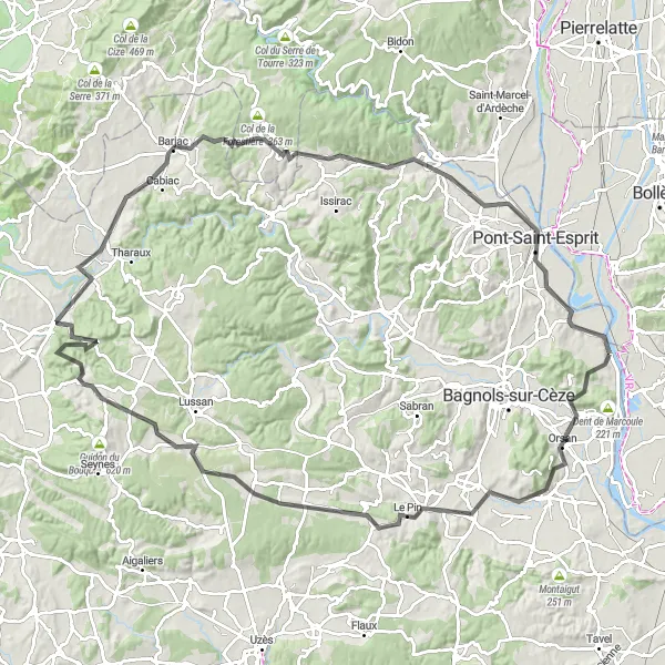 Zemljevid v pomanjšavi "Road Saint-Étienne-des-Sorts - Pont-Saint-Esprit" kolesarske inspiracije v Provence-Alpes-Côte d’Azur, France. Generirano z načrtovalcem kolesarskih poti Tarmacs.app