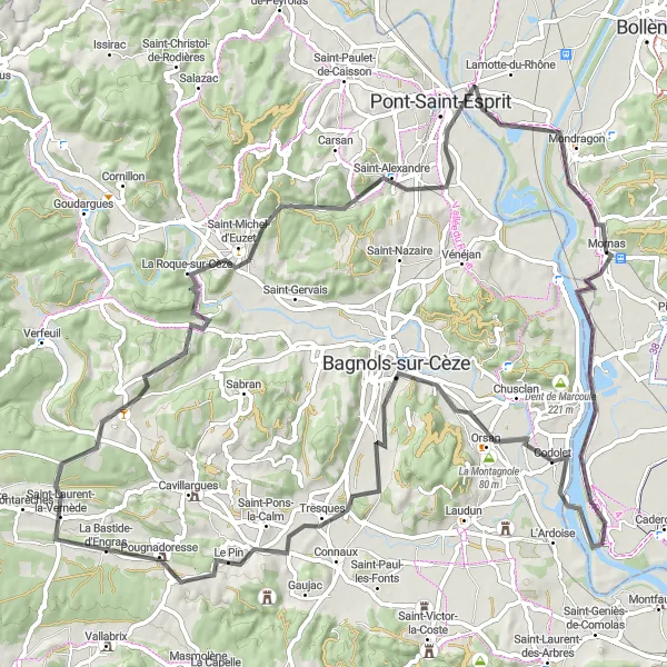 Miniatua del mapa de inspiración ciclista "Recorrido de carretera hacia Forteresse de Mornas" en Provence-Alpes-Côte d’Azur, France. Generado por Tarmacs.app planificador de rutas ciclistas