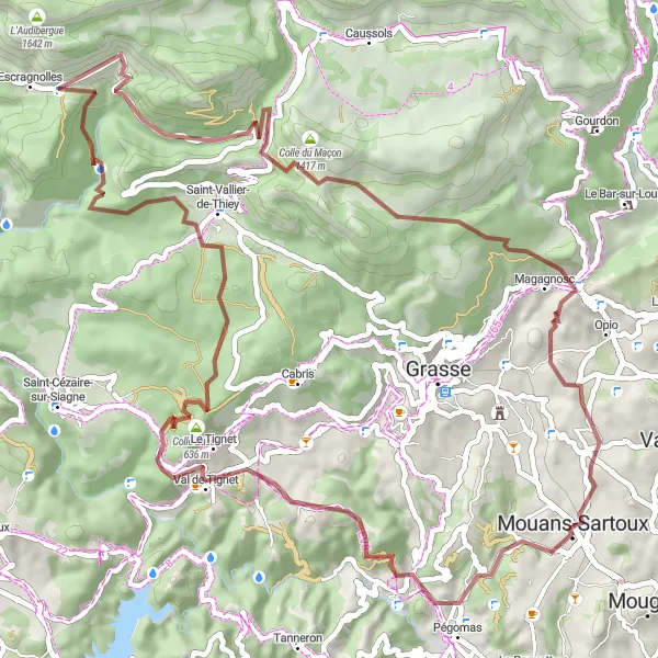 Mapa miniatúra "Gravelová cyklotrasa cez Saint-Vallier-de-Thiey a Châteauneuf-Grasse" cyklistická inšpirácia v Provence-Alpes-Côte d’Azur, France. Vygenerované cyklistickým plánovačom trás Tarmacs.app