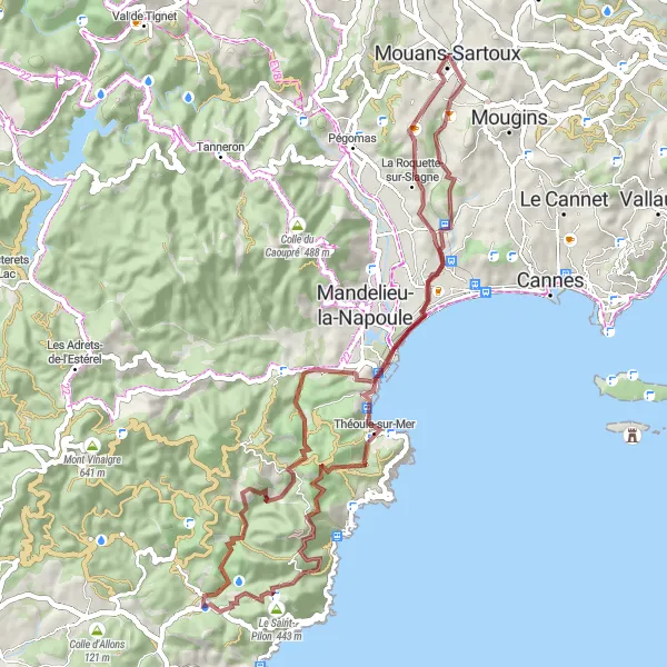 Miniatua del mapa de inspiración ciclista "Ruta Château de la Napoule-Mouans-Sartoux" en Provence-Alpes-Côte d’Azur, France. Generado por Tarmacs.app planificador de rutas ciclistas