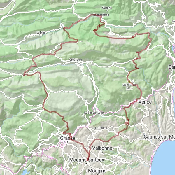 Miniature de la carte de l'inspiration cycliste "L'Aventure Gravel autour de Mouans-Sartoux" dans la Provence-Alpes-Côte d’Azur, France. Générée par le planificateur d'itinéraire cycliste Tarmacs.app