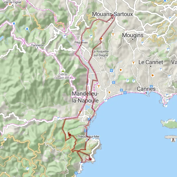 Miniaturní mapa "Relaxační trasa kolem Mandelieu-la-Napoule a Théoule-sur-Mer" inspirace pro cyklisty v oblasti Provence-Alpes-Côte d’Azur, France. Vytvořeno pomocí plánovače tras Tarmacs.app