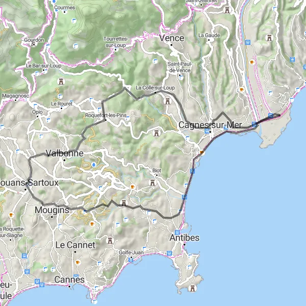 Miniaturní mapa "Okruh Valbonne-Flamant de Cuba-Mouans-Sartoux" inspirace pro cyklisty v oblasti Provence-Alpes-Côte d’Azur, France. Vytvořeno pomocí plánovače tras Tarmacs.app