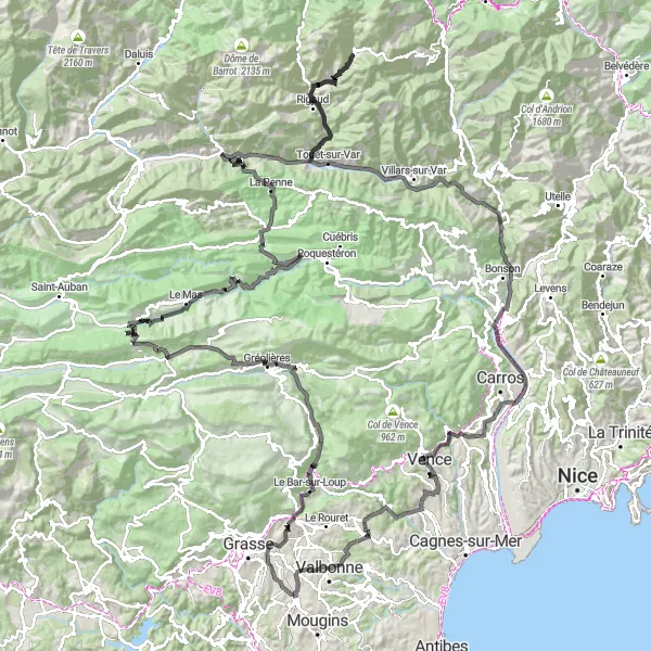 Zemljevid v pomanjšavi "Raznolika kolesarska avantura po Provence-Alpes-Côte d'Azur" kolesarske inspiracije v Provence-Alpes-Côte d’Azur, France. Generirano z načrtovalcem kolesarskih poti Tarmacs.app