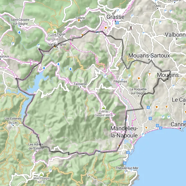 Mapa miniatúra "Významné cesty okolo Mougins" cyklistická inšpirácia v Provence-Alpes-Côte d’Azur, France. Vygenerované cyklistickým plánovačom trás Tarmacs.app