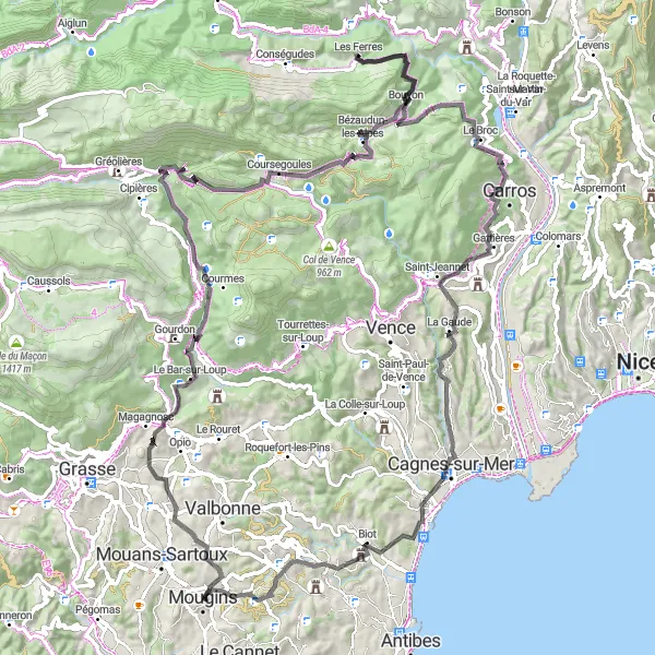 Miniatua del mapa de inspiración ciclista "Desafío épico a través de Coursegoules" en Provence-Alpes-Côte d’Azur, France. Generado por Tarmacs.app planificador de rutas ciclistas