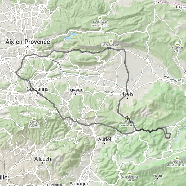 Mapa miniatúra "Road Cycling Route to Trets" cyklistická inšpirácia v Provence-Alpes-Côte d’Azur, France. Vygenerované cyklistickým plánovačom trás Tarmacs.app