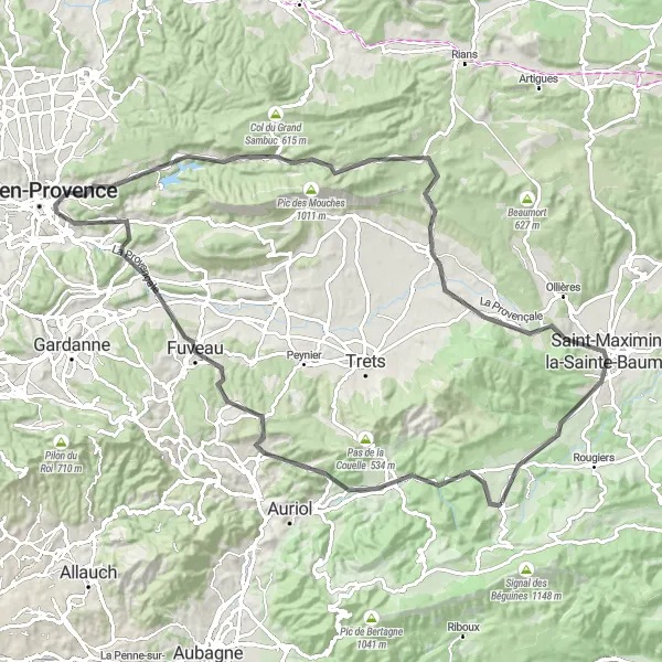 Mapa miniatúra "Horská cyklotrasa cez Saint-Maximin-la-Sainte-Baume" cyklistická inšpirácia v Provence-Alpes-Côte d’Azur, France. Vygenerované cyklistickým plánovačom trás Tarmacs.app