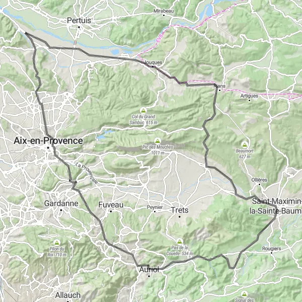 Map miniature of "Aix-en-Provence Exploration" cycling inspiration in Provence-Alpes-Côte d’Azur, France. Generated by Tarmacs.app cycling route planner