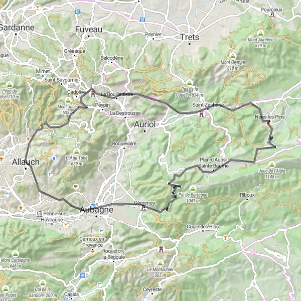 Zemljevid v pomanjšavi "Cestna avantura med zgodovinskimi znamenitostmi" kolesarske inspiracije v Provence-Alpes-Côte d’Azur, France. Generirano z načrtovalcem kolesarskih poti Tarmacs.app