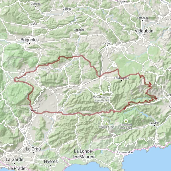 Miniaturní mapa "Gravelová cyklistická trasa Néoules - Col de Taillude" inspirace pro cyklisty v oblasti Provence-Alpes-Côte d’Azur, France. Vytvořeno pomocí plánovače tras Tarmacs.app