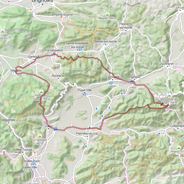 Map miniature of "Discover the Gravel Beauty of Néoules" cycling inspiration in Provence-Alpes-Côte d’Azur, France. Generated by Tarmacs.app cycling route planner