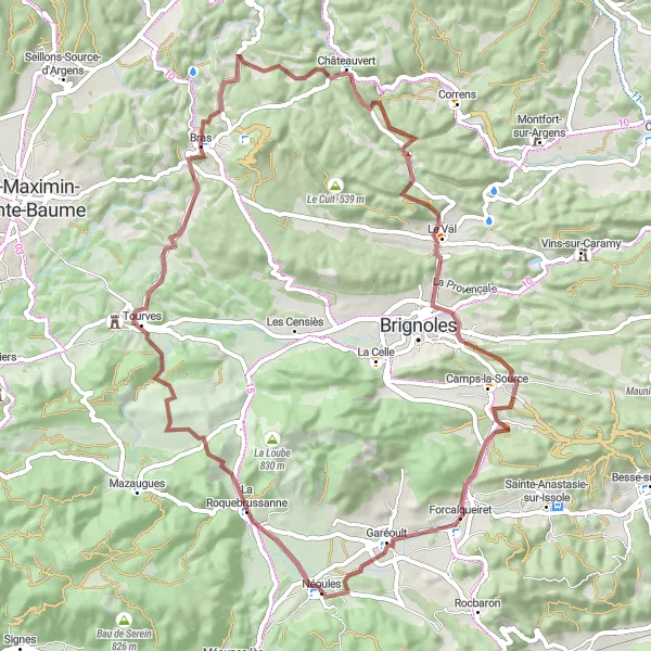Miniatuurkaart van de fietsinspiratie "Grindpaden van Néoules naar La Roquebrussanne" in Provence-Alpes-Côte d’Azur, France. Gemaakt door de Tarmacs.app fietsrouteplanner