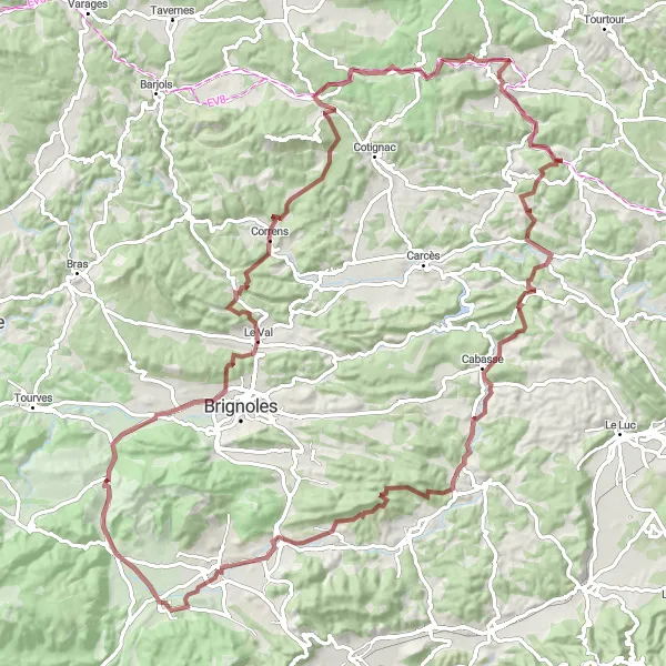 Mapa miniatúra "Scenic gravel route through Cascade de Sillans and Cabasse" cyklistická inšpirácia v Provence-Alpes-Côte d’Azur, France. Vygenerované cyklistickým plánovačom trás Tarmacs.app