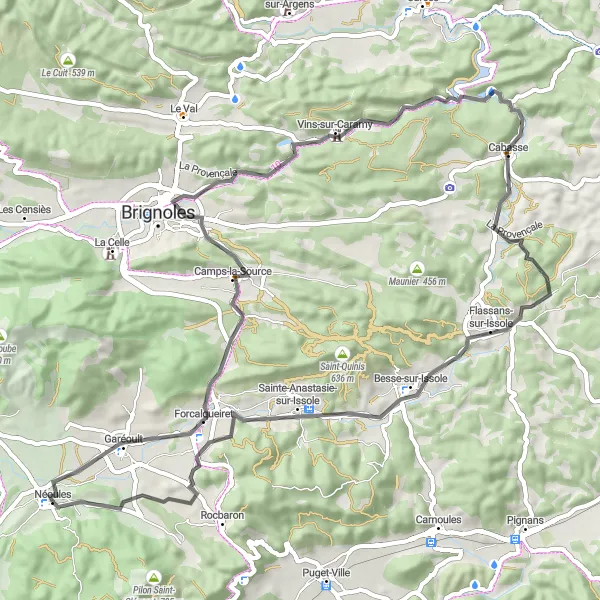 Zemljevid v pomanjšavi "Kolesarska pot Forcalqueiret - Cabasse - Néoules" kolesarske inspiracije v Provence-Alpes-Côte d’Azur, France. Generirano z načrtovalcem kolesarskih poti Tarmacs.app
