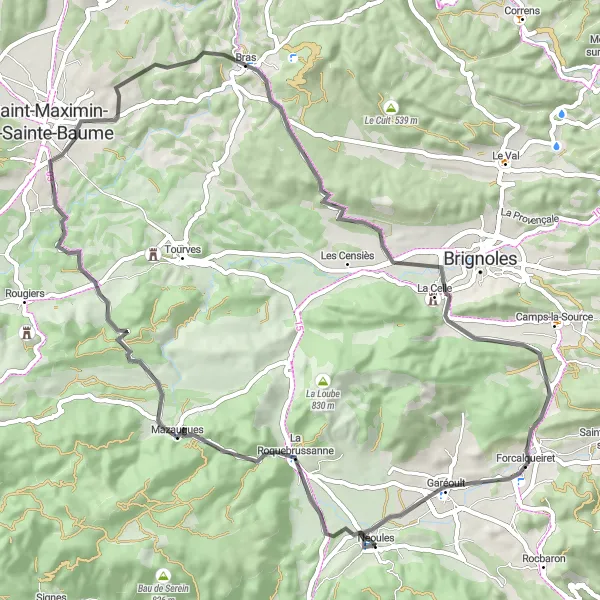 Karttaminiaatyyri "Vuorikiertue Néoulesin ympäristössä" pyöräilyinspiraatiosta alueella Provence-Alpes-Côte d’Azur, France. Luotu Tarmacs.app pyöräilyreittisuunnittelijalla