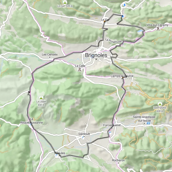 Miniaturní mapa "Okruh kolem Néoules" inspirace pro cyklisty v oblasti Provence-Alpes-Côte d’Azur, France. Vytvořeno pomocí plánovače tras Tarmacs.app