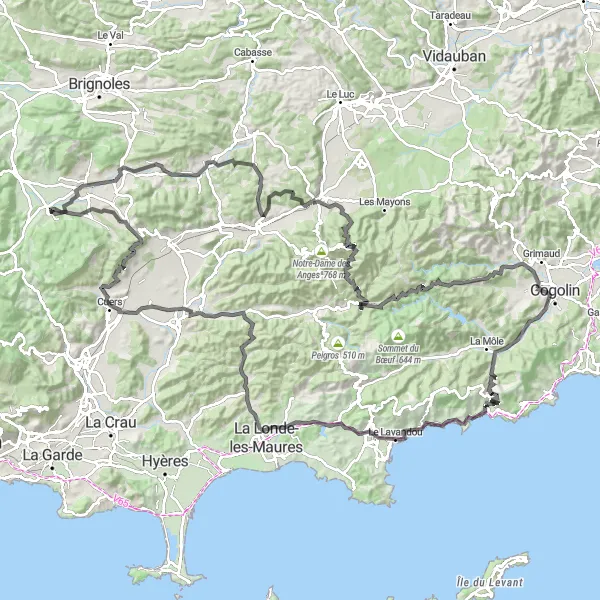 Miniaturekort af cykelinspirationen "Udfordrende landevejscykelrute gennem Provence" i Provence-Alpes-Côte d’Azur, France. Genereret af Tarmacs.app cykelruteplanlægger