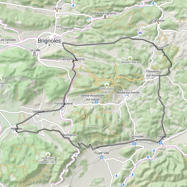 Miniatua del mapa de inspiración ciclista "Ruta escénica de 65 km en carretera desde Néoules" en Provence-Alpes-Côte d’Azur, France. Generado por Tarmacs.app planificador de rutas ciclistas