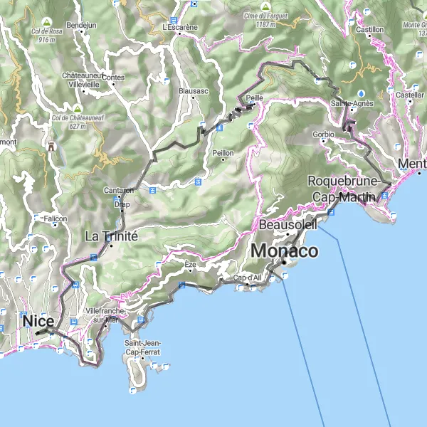 Karten-Miniaturansicht der Radinspiration "Schöne Fahrt entlang der Côte d'Azur" in Provence-Alpes-Côte d’Azur, France. Erstellt vom Tarmacs.app-Routenplaner für Radtouren