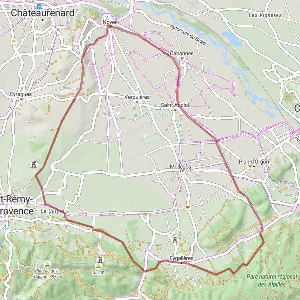 Miniature de la carte de l'inspiration cycliste "Circuit entre Noves et Eygalières" dans la Provence-Alpes-Côte d’Azur, France. Générée par le planificateur d'itinéraire cycliste Tarmacs.app