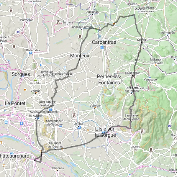 Miniatua del mapa de inspiración ciclista "Recorrido de Saint-Saturnin-lès-Avignon a Caumont-sur-Durance" en Provence-Alpes-Côte d’Azur, France. Generado por Tarmacs.app planificador de rutas ciclistas