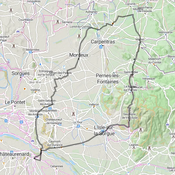 Miniatuurkaart van de fietsinspiratie "Avontuurlijke fietstocht door Mont Ventoux en Mazan" in Provence-Alpes-Côte d’Azur, France. Gemaakt door de Tarmacs.app fietsrouteplanner