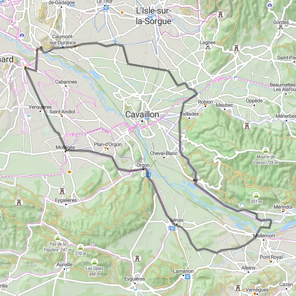 Miniaturní mapa "Cyklotrasa Noves - Mollégès" inspirace pro cyklisty v oblasti Provence-Alpes-Côte d’Azur, France. Vytvořeno pomocí plánovače tras Tarmacs.app