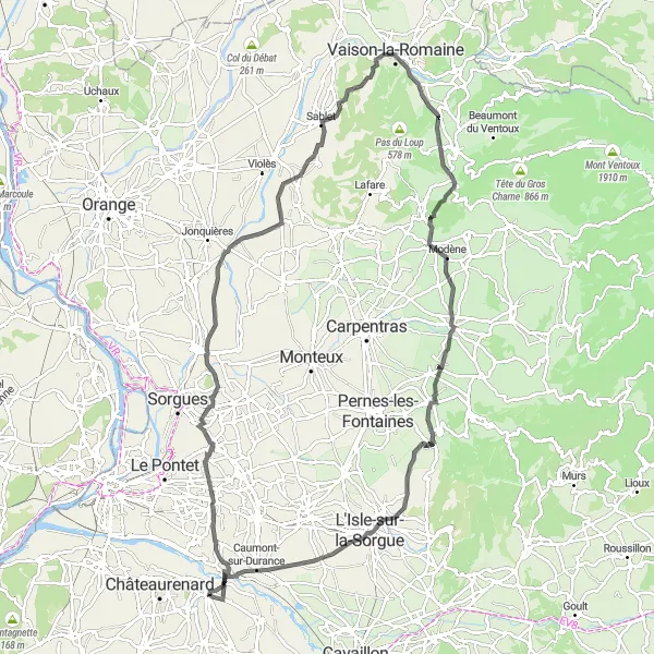 Zemljevid v pomanjšavi "Krožna kolesarska pot v bližini mesta Noves" kolesarske inspiracije v Provence-Alpes-Côte d’Azur, France. Generirano z načrtovalcem kolesarskih poti Tarmacs.app