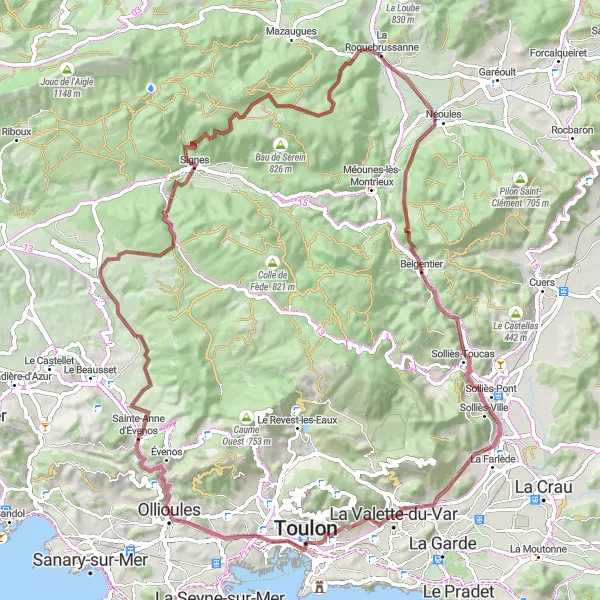 Karttaminiaatyyri "Maasto pyöräilyreitti Ollioulesin lähellä" pyöräilyinspiraatiosta alueella Provence-Alpes-Côte d’Azur, France. Luotu Tarmacs.app pyöräilyreittisuunnittelijalla