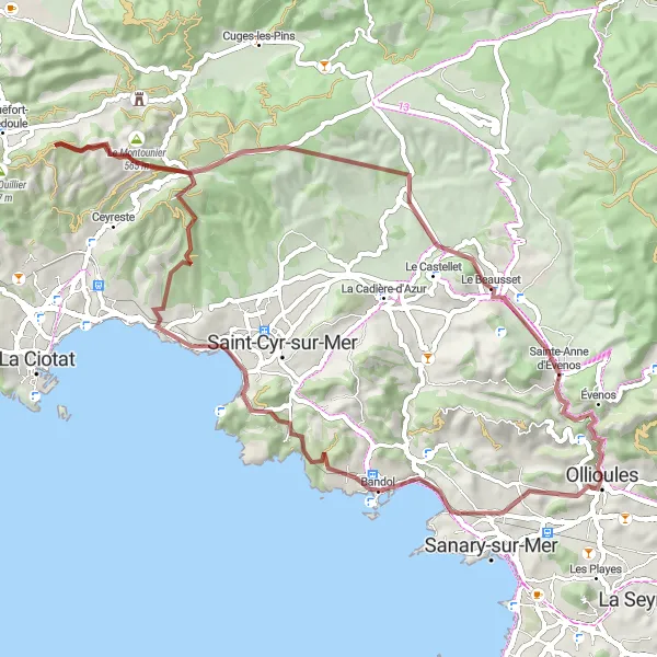 Miniaturní mapa "Trasa Ollioules - Le Grand Caunet - Ollioules" inspirace pro cyklisty v oblasti Provence-Alpes-Côte d’Azur, France. Vytvořeno pomocí plánovače tras Tarmacs.app