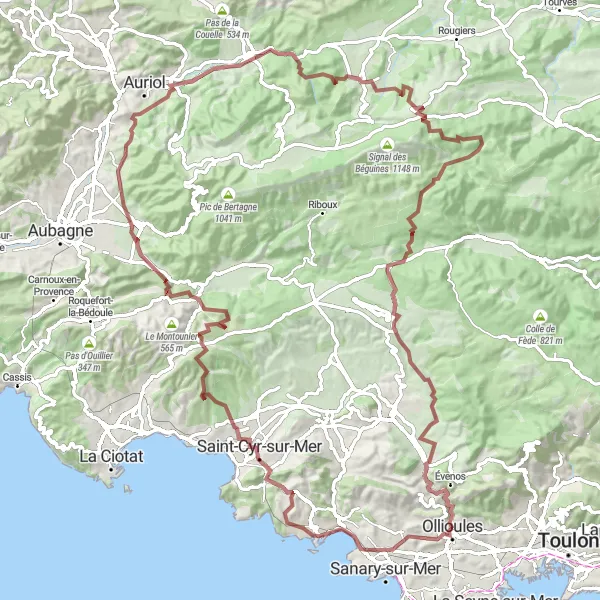 Kartminiatyr av "Grusväg Bandol till Évenos via Saint-Zacharie" cykelinspiration i Provence-Alpes-Côte d’Azur, France. Genererad av Tarmacs.app cykelruttplanerare