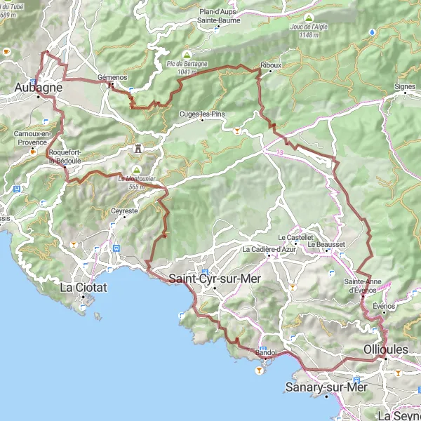 Zemljevid v pomanjšavi "Pustolovščina po makadamskih poteh do Bandol" kolesarske inspiracije v Provence-Alpes-Côte d’Azur, France. Generirano z načrtovalcem kolesarskih poti Tarmacs.app