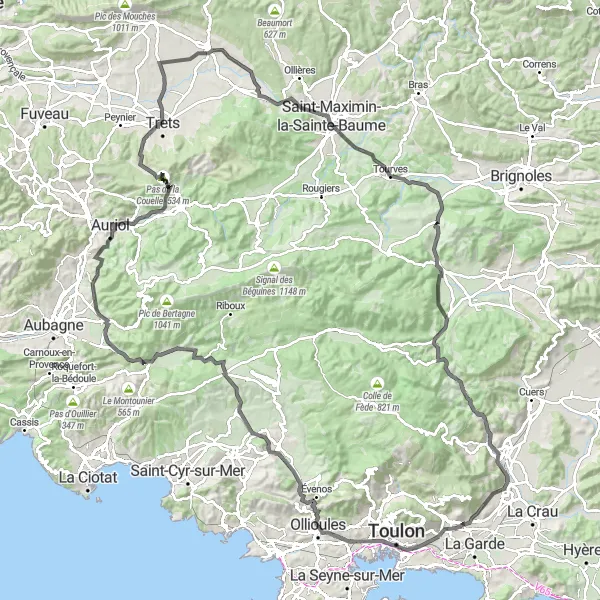 Miniaturní mapa "Cestování na silnici kolem Auriolu a Trets" inspirace pro cyklisty v oblasti Provence-Alpes-Côte d’Azur, France. Vytvořeno pomocí plánovače tras Tarmacs.app