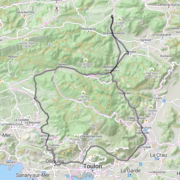 Miniatua del mapa de inspiración ciclista "Ruta Escénica La Roquebrussanne-Ollioules" en Provence-Alpes-Côte d’Azur, France. Generado por Tarmacs.app planificador de rutas ciclistas