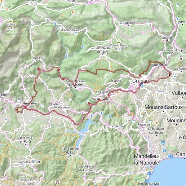 Karttaminiaatyyri "Opio - Parfumerie Fragonard - Le Flaquier - Colle de Colon - Fayence - Saint-Cézaire-sur-Siagne - Roque Baron - Opio Loop" pyöräilyinspiraatiosta alueella Provence-Alpes-Côte d’Azur, France. Luotu Tarmacs.app pyöräilyreittisuunnittelijalla