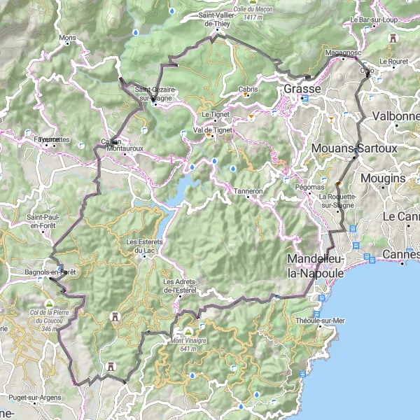 Map miniature of "The Opio and San Peyre Loop" cycling inspiration in Provence-Alpes-Côte d’Azur, France. Generated by Tarmacs.app cycling route planner