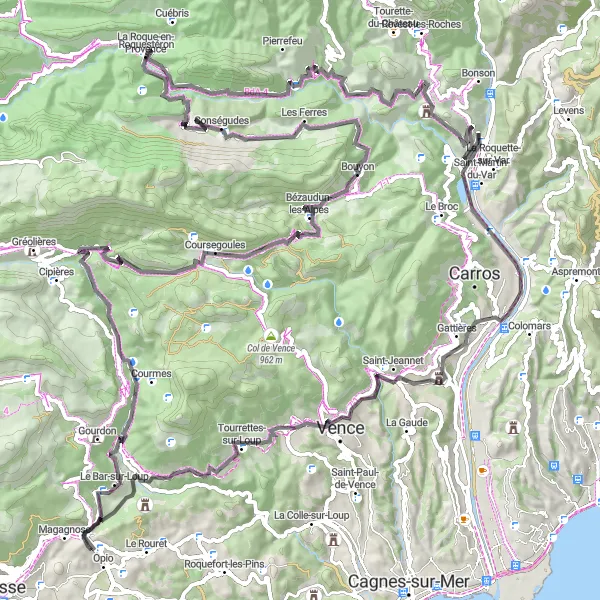 Kartminiatyr av "Opio til Château du Rouret og tilbake" sykkelinspirasjon i Provence-Alpes-Côte d’Azur, France. Generert av Tarmacs.app sykkelrutoplanlegger