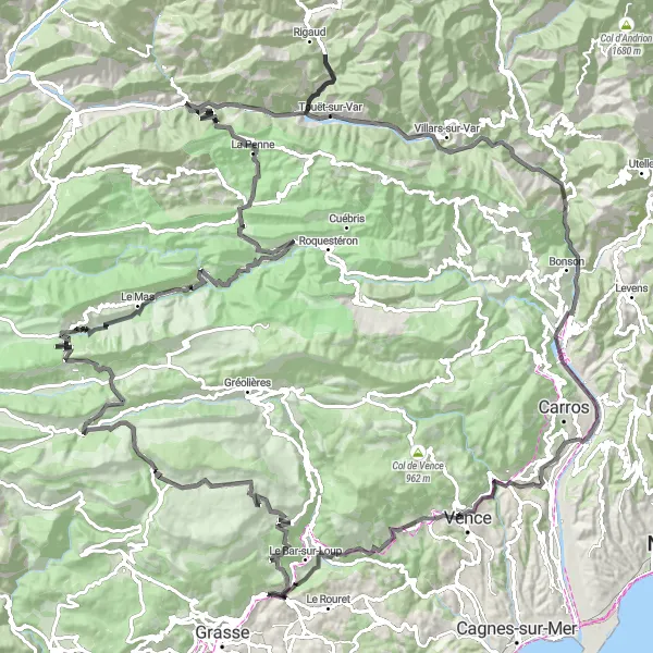 Miniaturekort af cykelinspirationen "Udfordrende cykeltur gennem Provence-Alpes-Côte d'Azur" i Provence-Alpes-Côte d’Azur, France. Genereret af Tarmacs.app cykelruteplanlægger