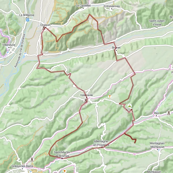 Miniaturní mapa "Pozemní cyklotrasa Allemagne-en-Provence a Valensole" inspirace pro cyklisty v oblasti Provence-Alpes-Côte d’Azur, France. Vytvořeno pomocí plánovače tras Tarmacs.app