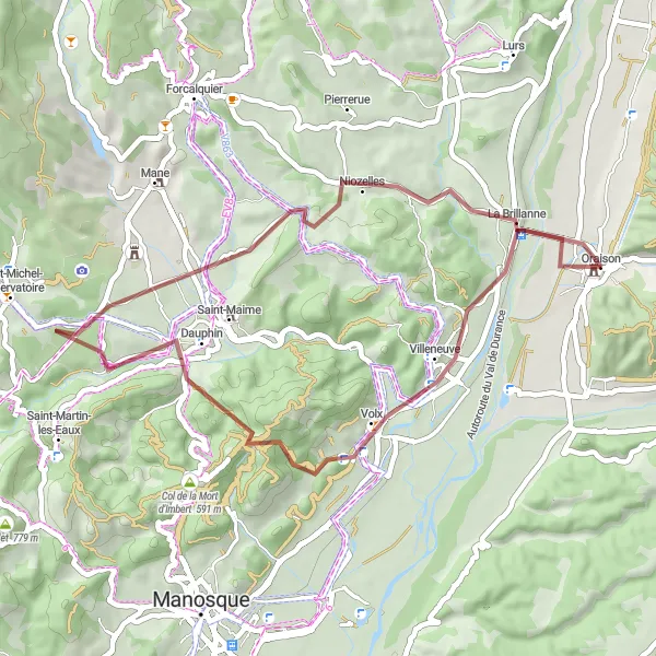 Mapa miniatúra "Gravel Route - Oraison Loop" cyklistická inšpirácia v Provence-Alpes-Côte d’Azur, France. Vygenerované cyklistickým plánovačom trás Tarmacs.app
