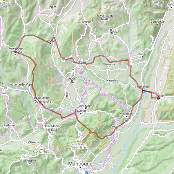 Mapa miniatúra "Gravel trasa cez Saint-Michel-l'Observatoire" cyklistická inšpirácia v Provence-Alpes-Côte d’Azur, France. Vygenerované cyklistickým plánovačom trás Tarmacs.app
