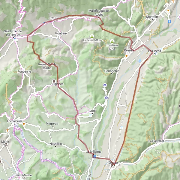 Miniatua del mapa de inspiración ciclista "Ruta de Grava por Oraison y alrededores" en Provence-Alpes-Côte d’Azur, France. Generado por Tarmacs.app planificador de rutas ciclistas
