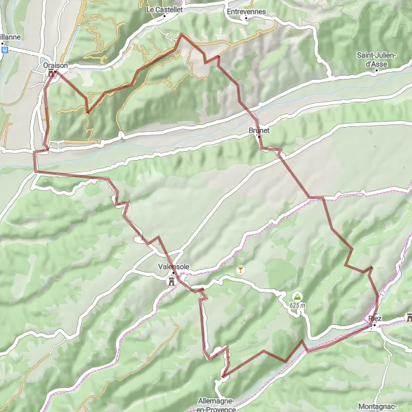 Mapa miniatúra "Gravelový zážitok okolo Riez" cyklistická inšpirácia v Provence-Alpes-Côte d’Azur, France. Vygenerované cyklistickým plánovačom trás Tarmacs.app