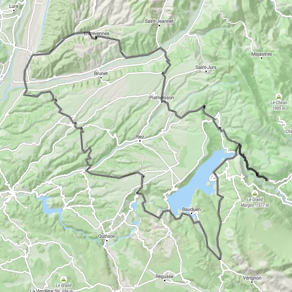 Map miniature of "The Mountain Challenge: Moustiers-Sainte-Marie and Valensole" cycling inspiration in Provence-Alpes-Côte d’Azur, France. Generated by Tarmacs.app cycling route planner