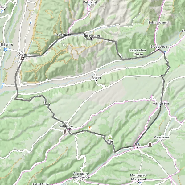 Miniaturní mapa "Okružní cesta Entrevennes a Saint-Julien-d'Asse" inspirace pro cyklisty v oblasti Provence-Alpes-Côte d’Azur, France. Vytvořeno pomocí plánovače tras Tarmacs.app