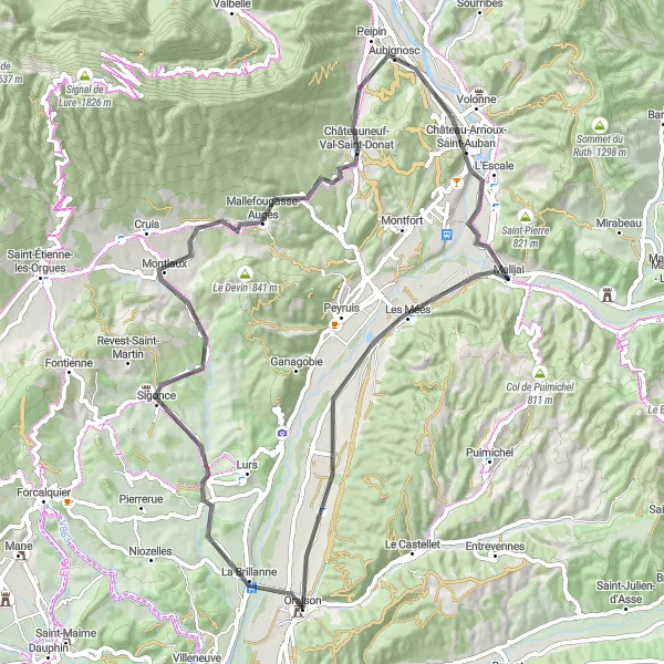 Zemljevid v pomanjšavi "Sigonce in Château-Arnoux-Saint-Auban Pot" kolesarske inspiracije v Provence-Alpes-Côte d’Azur, France. Generirano z načrtovalcem kolesarskih poti Tarmacs.app