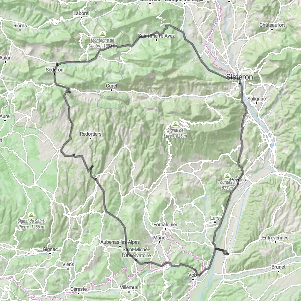 Miniaturní mapa "Road Oraison - Château féodal - Carrière le roche amère - Saint-Maime - Saint-Michel-l'Observatoire - Revest-des-Brousses - Revest-du-Bion - Col de la Pigière - Vers-sur-Méouge - Saint-Pierre-Avez - Gorges de la Méouge - Absolute Time - Peipin - Terrasses du Château - Ganagobie - La Brillanne" inspirace pro cyklisty v oblasti Provence-Alpes-Côte d’Azur, France. Vytvořeno pomocí plánovače tras Tarmacs.app